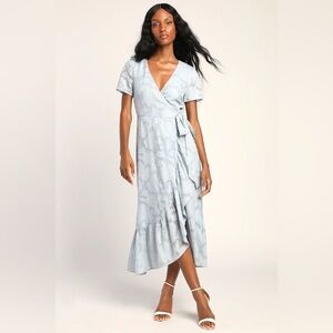 Blissfully light blue jacquard short sleeve wrap midi dress